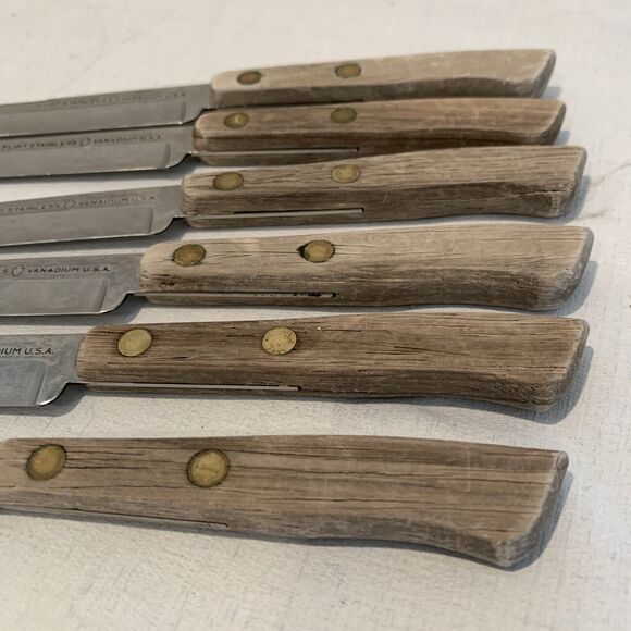 Vintage EKCO Flint Steak Knife Set of 6 Original Wood Holder Made in the USA - Picture 10 of 12